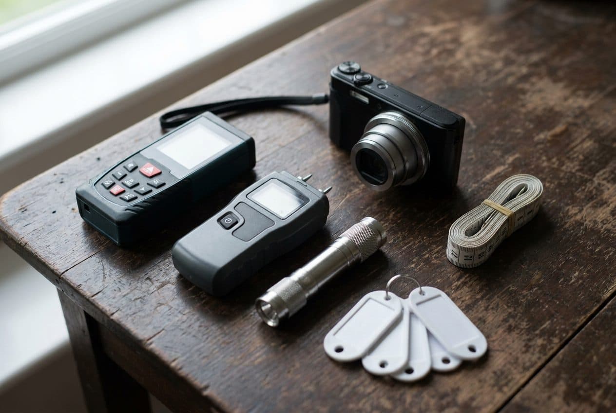 A property inspector's kit laid out: laser measure, moisture meter, camera, torch and key tags