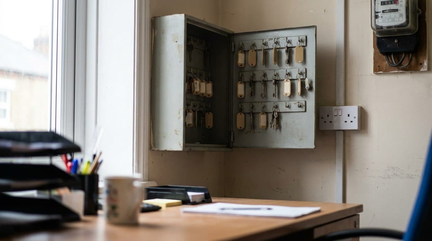 An open key cabinet with numbered fobs in a letting agency back office