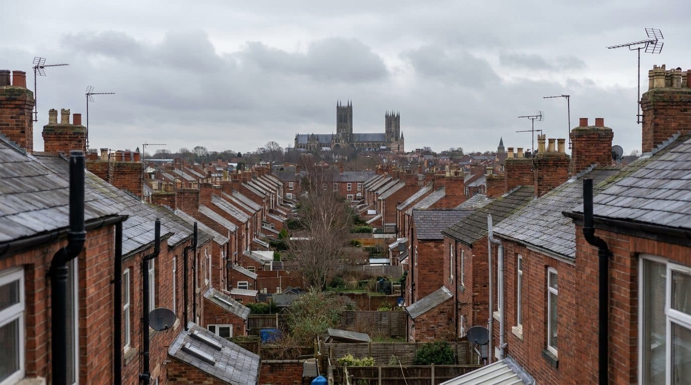 Lincoln Cathedral seen across the rooftops of the city