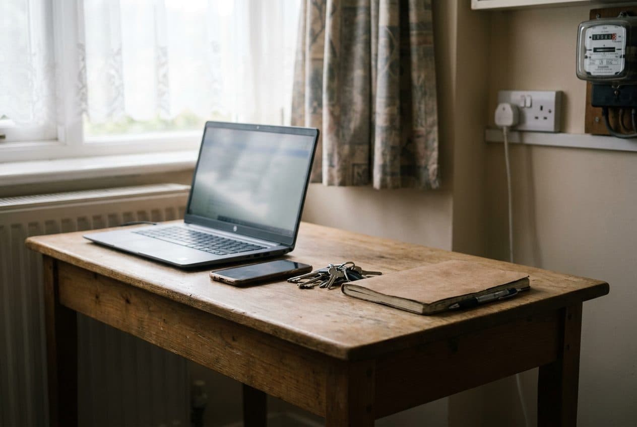 A desk with a laptop, phone and keys, ready to book a property inspection