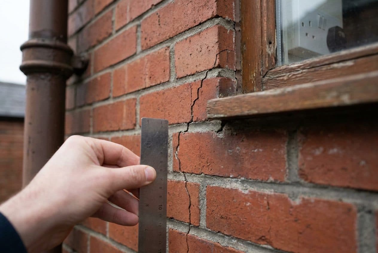 A stepped crack in brickwork measured against a steel ruler during a pre-purchase walk-round