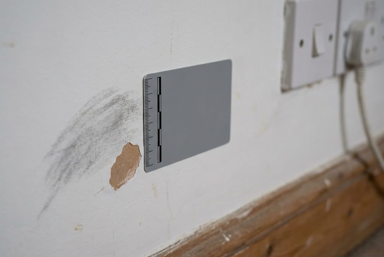 A scuff on a hallway wall photographed against a scale card at check-out