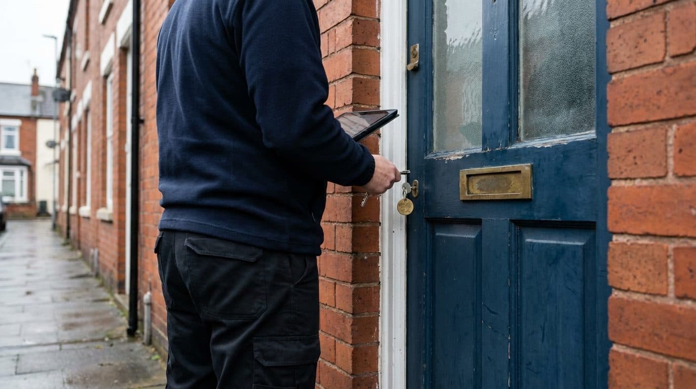 At the front door of a Lincoln terrace with a tablet in one hand and the key in the other
