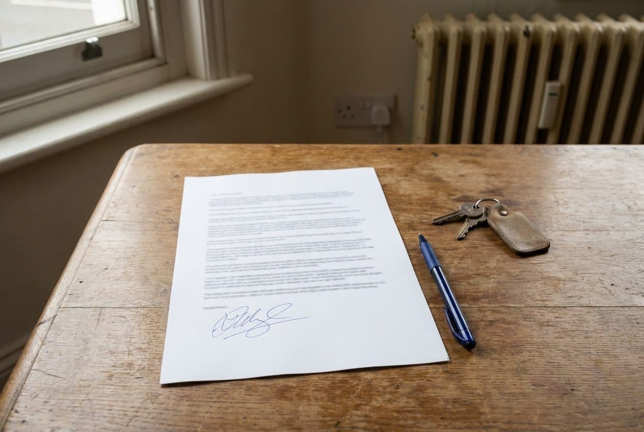 A signed report page on a table with a pen and two keys