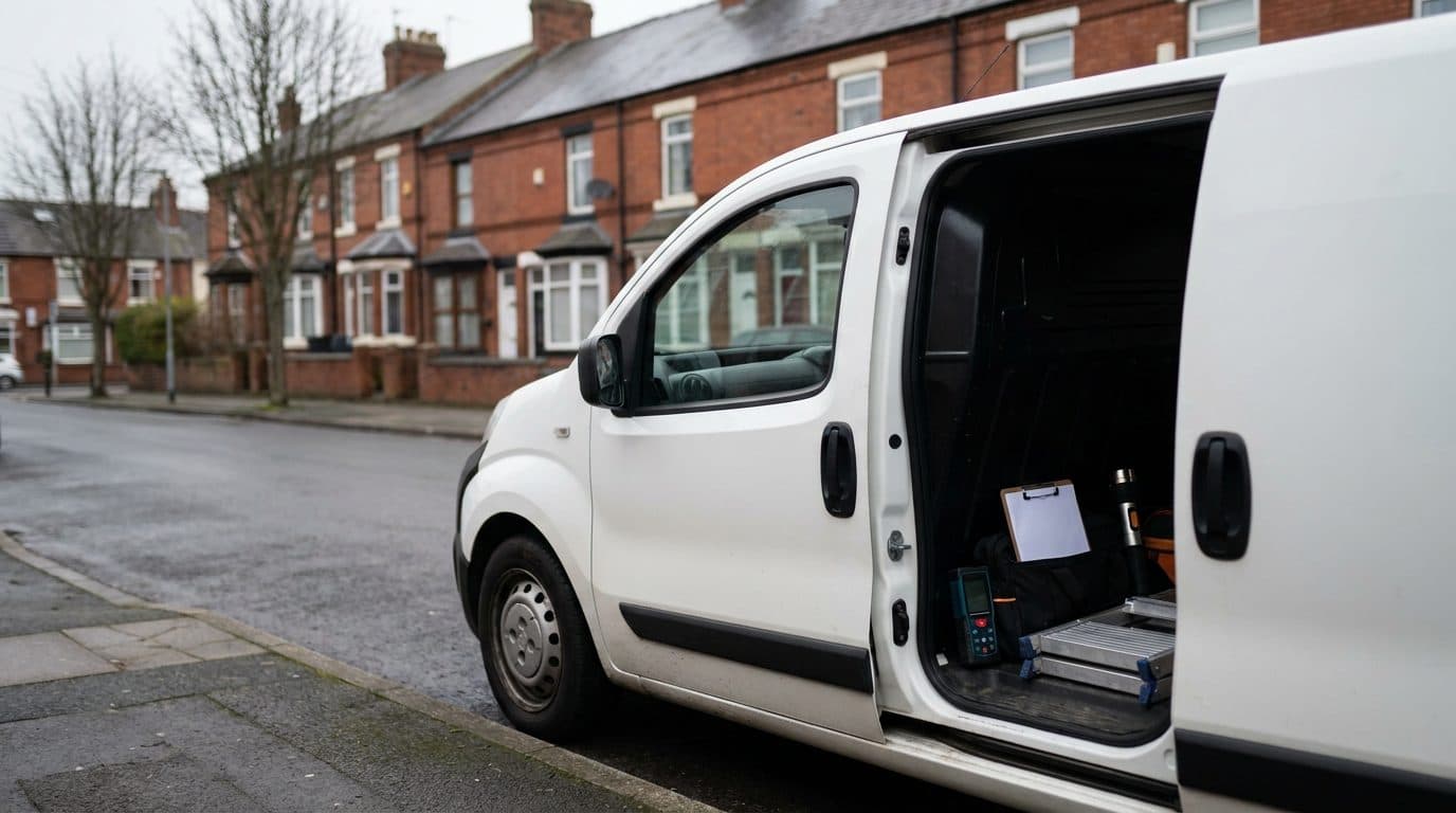 The van kerbside with the kit laid out in the open side door
