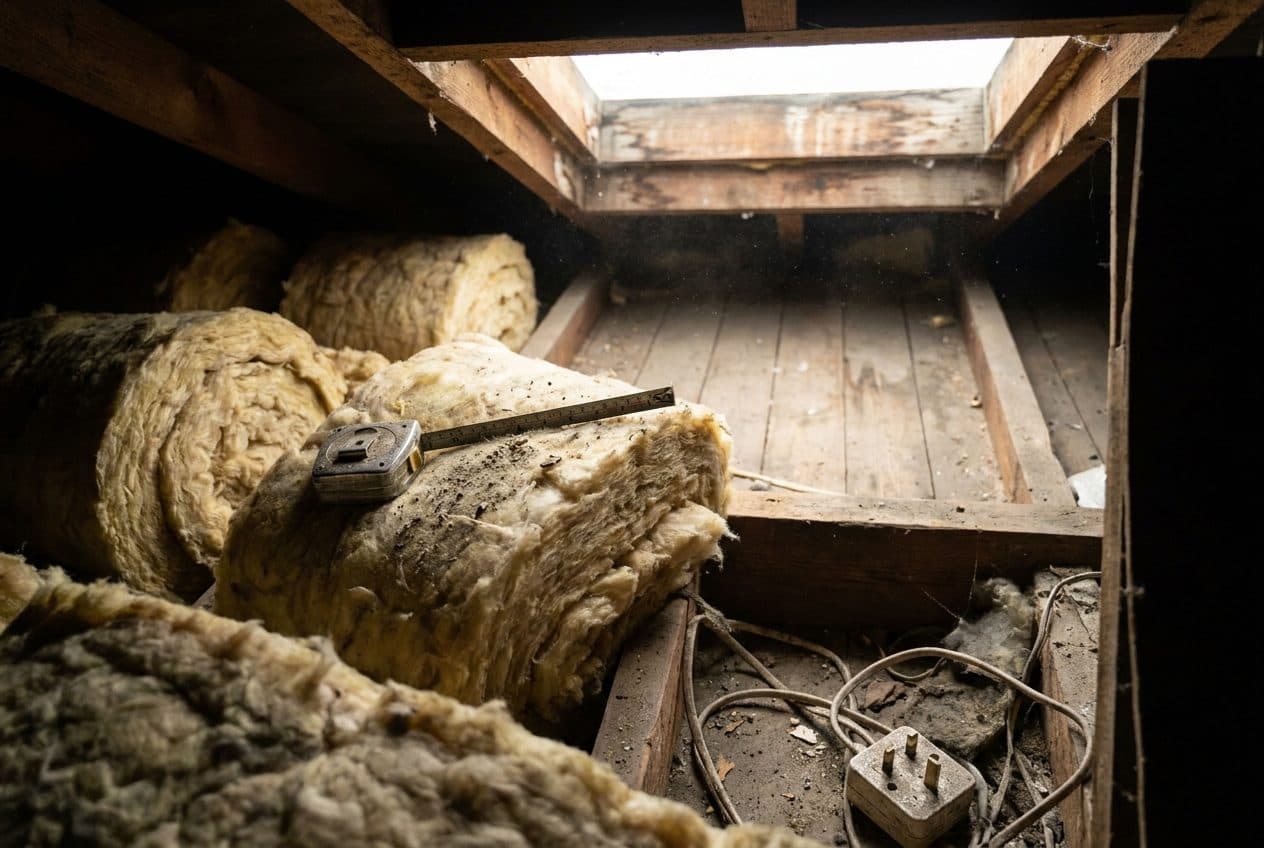 Measuring the depth of loft insulation between joists during an energy assessment