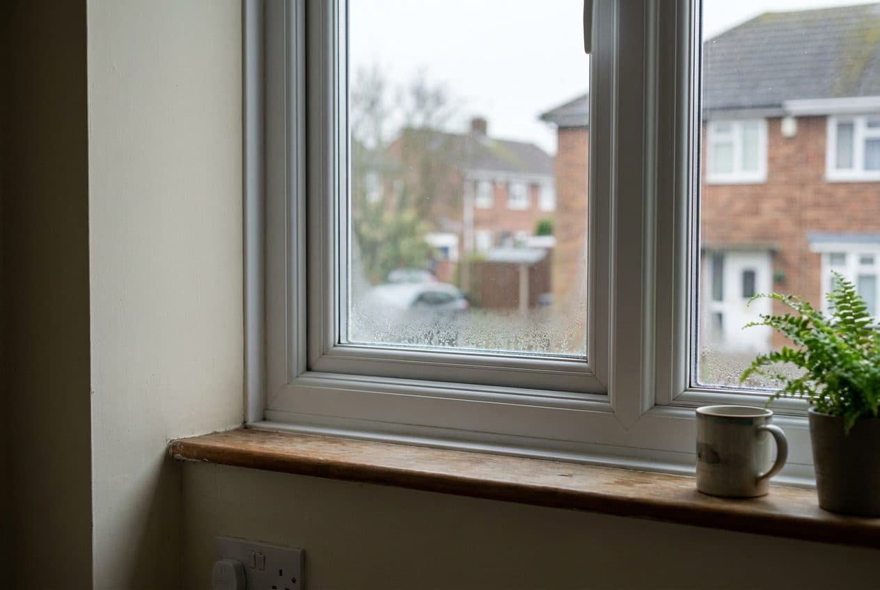 A couple standing on the pavement looking up at a terraced house they are viewing