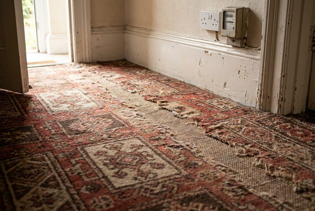 A worn hallway carpet against a white skirting board at check-out