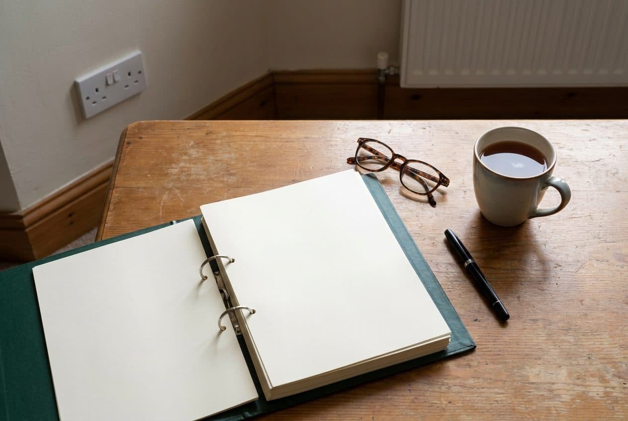 An open ring binder, reading glasses and a mug of tea on a wooden desk