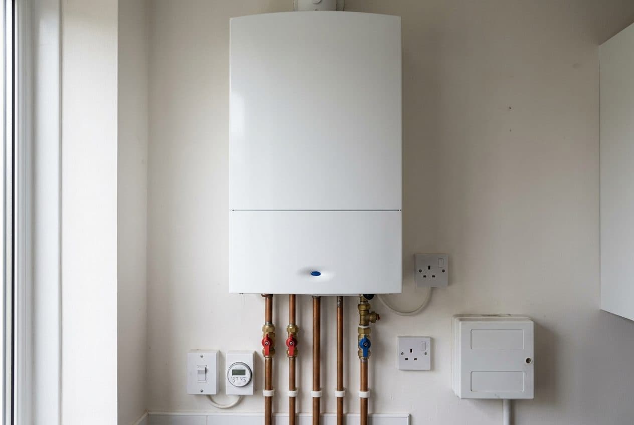 A combi boiler and thermostat on a kitchen wall, the kind of detail an energy assessment records
