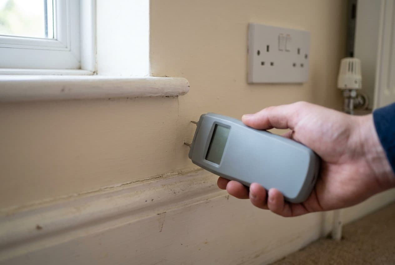 A moisture meter held against an interior wall during a mid-term inspection