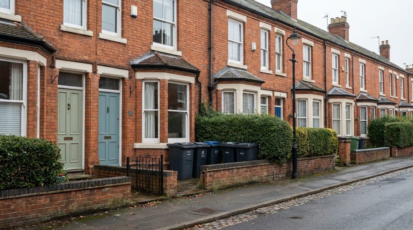 A row of red-brick Victorian terraced houses on a Lincoln street