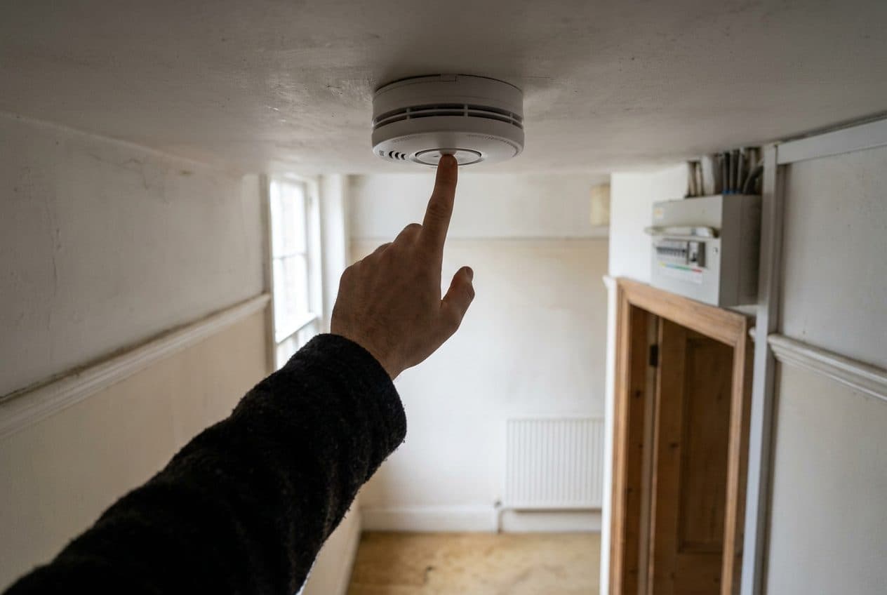 A smoke alarm being tested on a hallway ceiling during a mid-term inspection