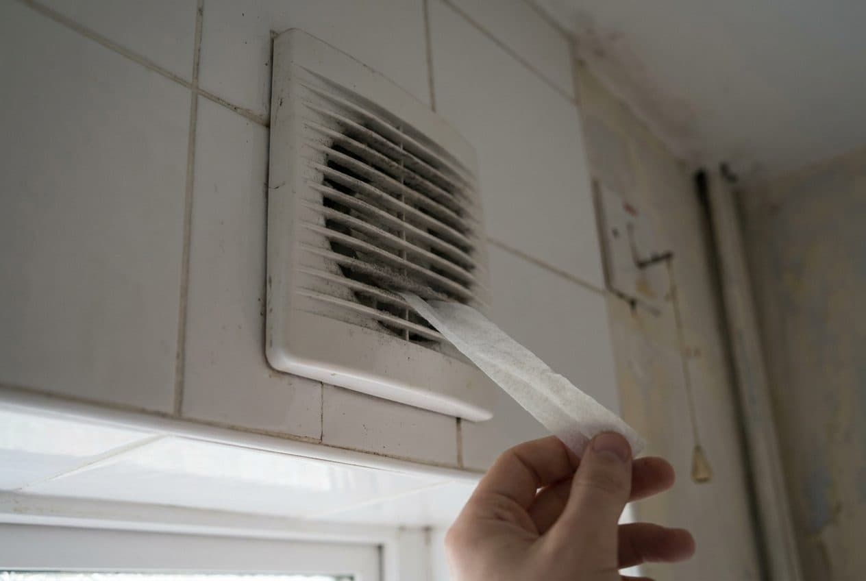 A bathroom extractor fan tested with a strip of tissue during a mid-term inspection