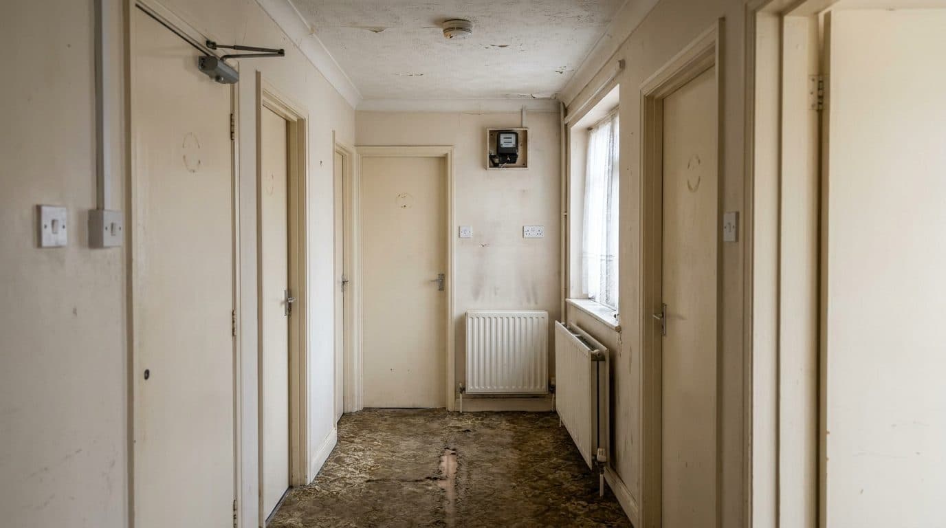 A shared hallway with fire doors and a ceiling alarm in a house in multiple occupation