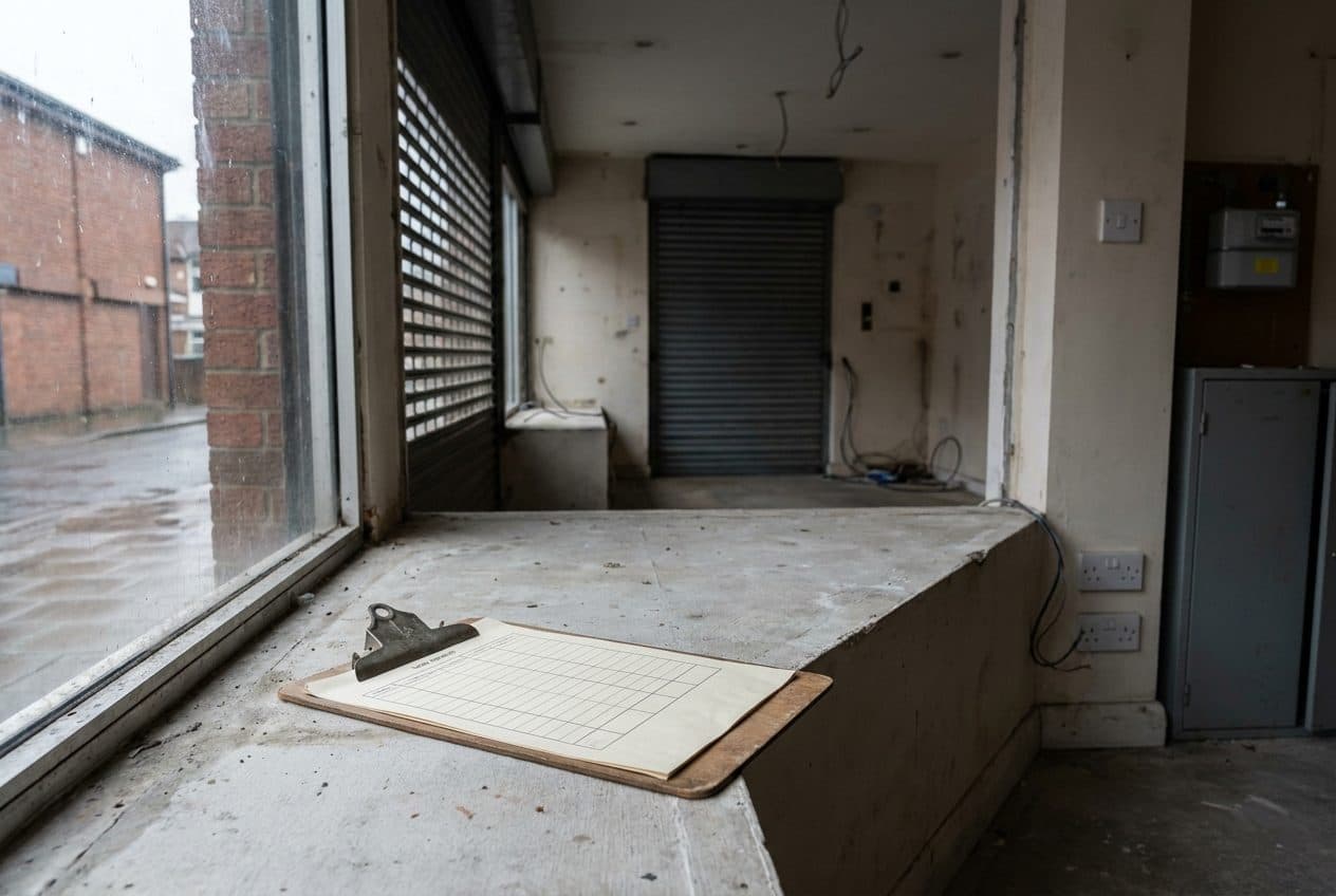 The visit log on the sill of an empty commercial unit