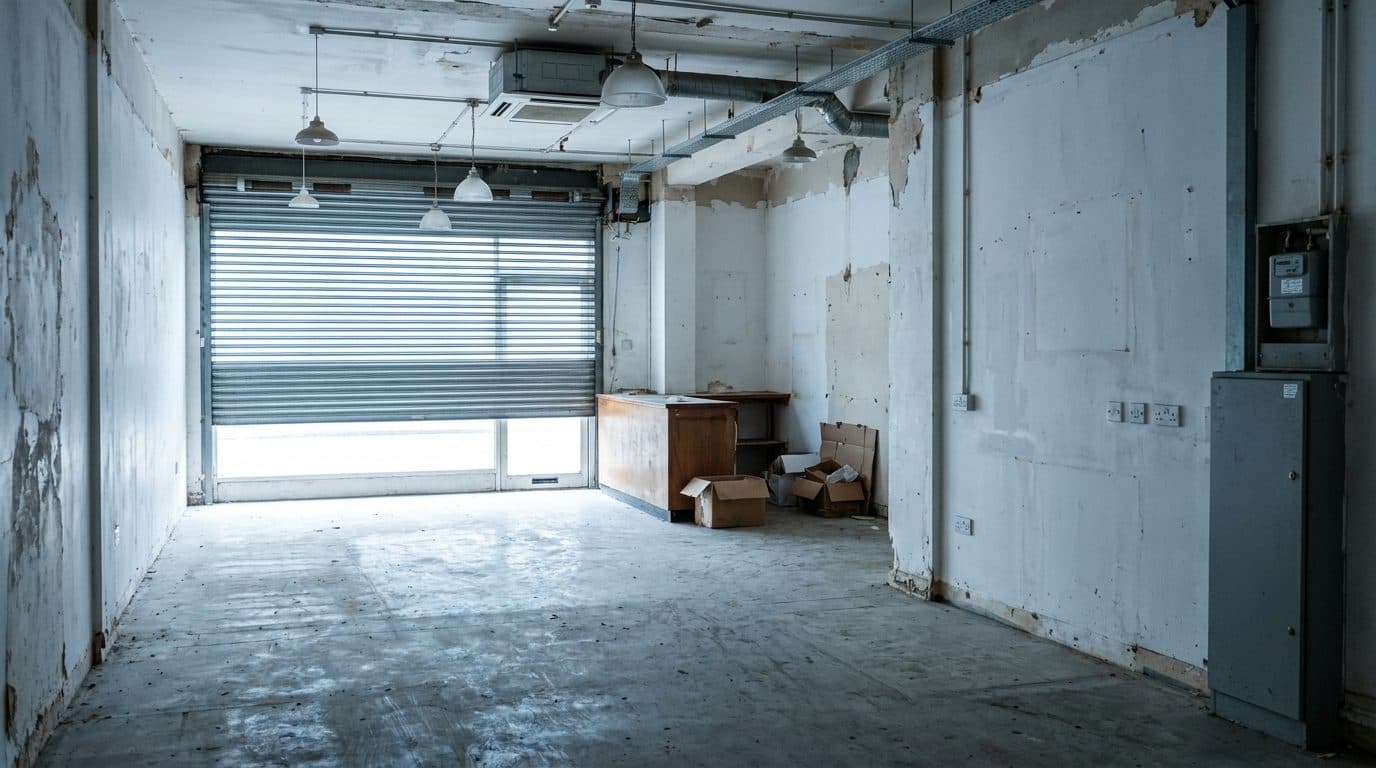 An empty commercial unit with the shutter part raised during a vacant property visit