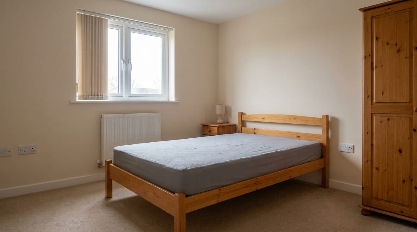 A furnished bedroom between tenancies, every item about to be listed and graded
