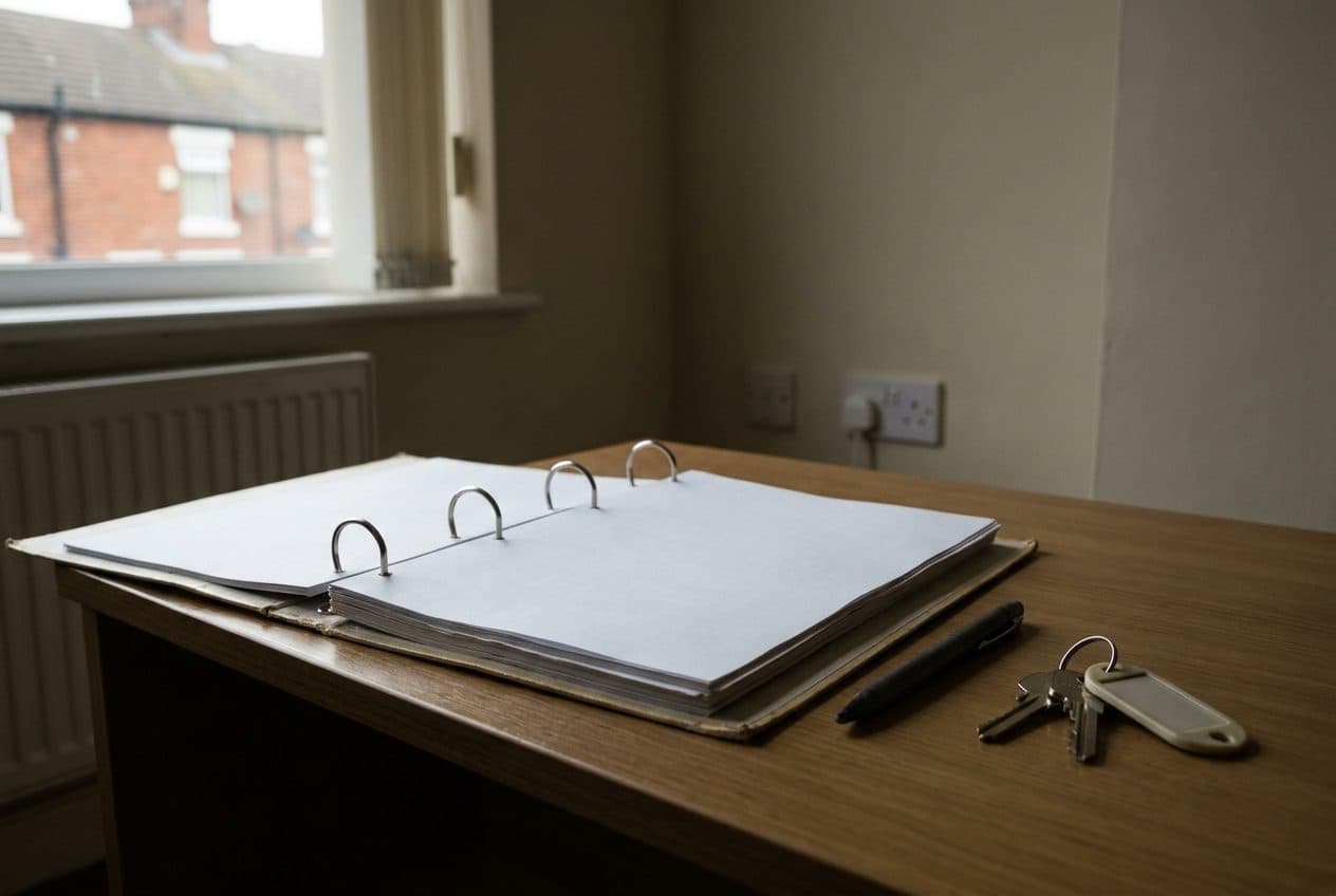An open ring binder of report pages on a desk beside a pen and keys
